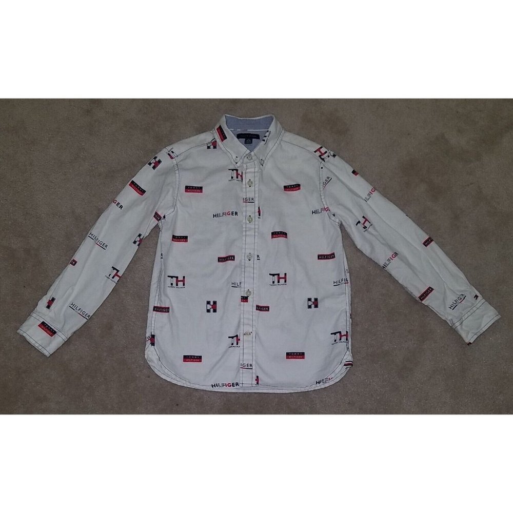 Tommy Hilfiger Boys Button Down Shirt Medium 8-10 Spellout Red White Blue